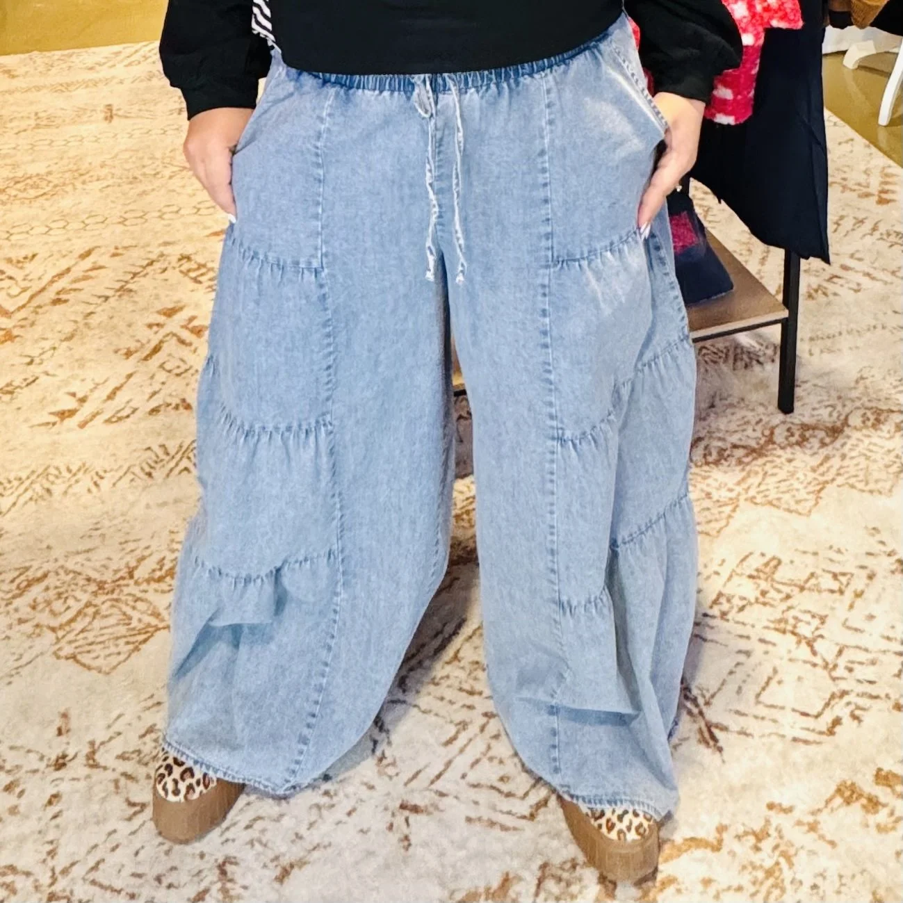 Chambray Wide-Leg Tiered Pants