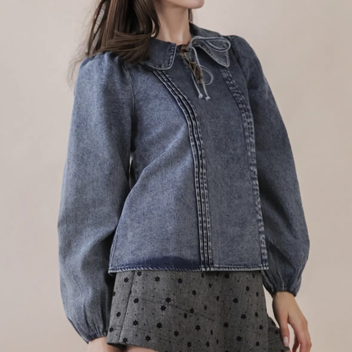 Chic Denim Blouse with Front Tie and Wide Peter Pan Collar