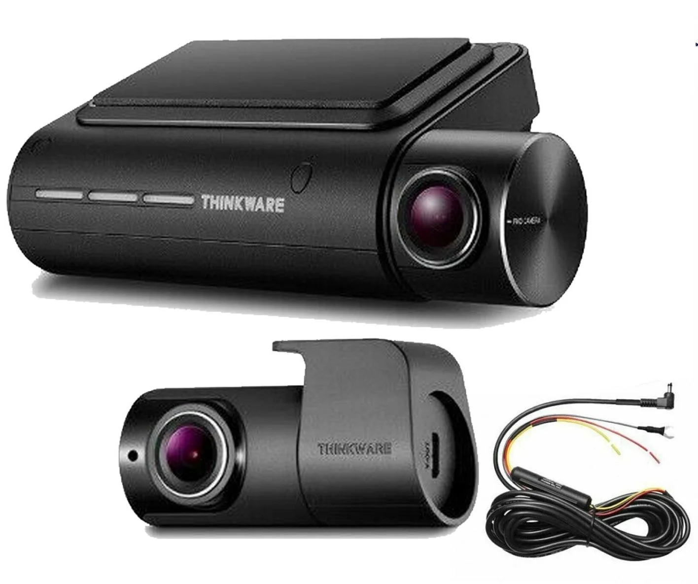 A Thinkware dash camera system with a main camera unit, a secondary camera, and connecting cables.