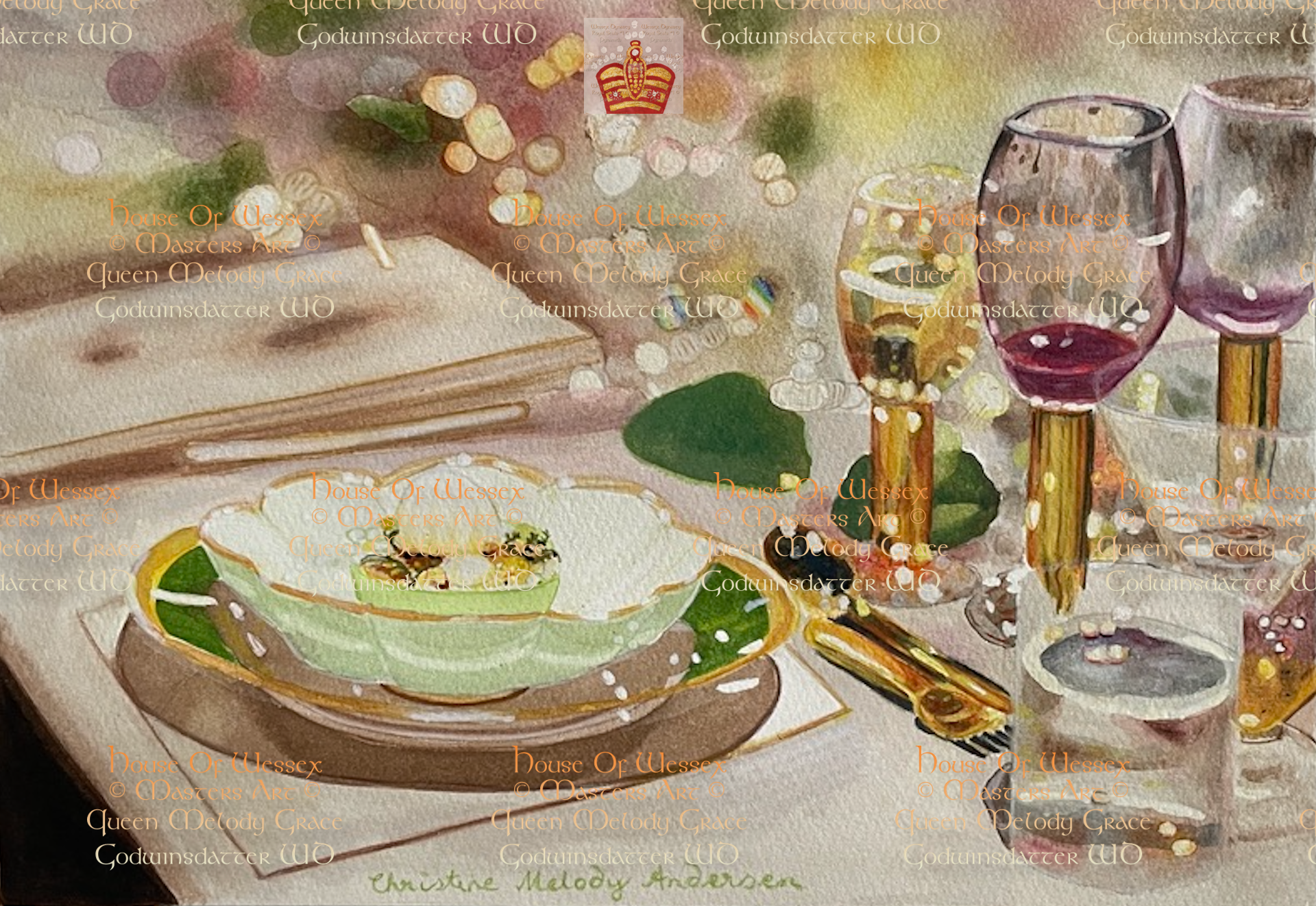 "Nobel Prize Banquet". An original by Queen Melody Grace Godwinsdatter WD of the Nobel Prize Grand Reception, featuring attention to the light, sparkling plate, opaque glassward. 