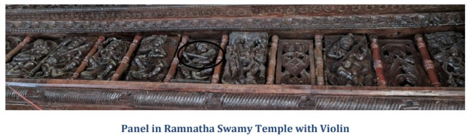 Panel from the Ramanathaswamy temple in Rameswaram, a medieval–early modern complex linked by tradition to the Ramayana. A musician plays a violin‑like instrument, visually tying the sacred landscape to the evolving history of bowed strings in India.