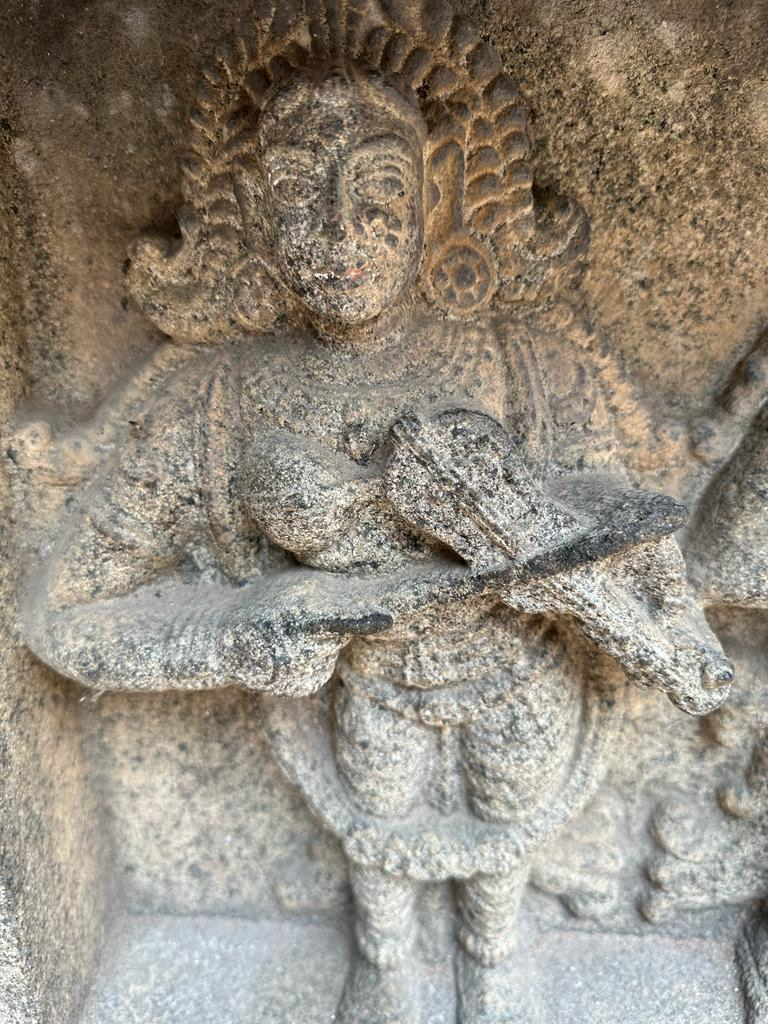 “Temple sculpture from Chidambaram, Tamil Nadu, showing a musician with a slender bowed lute. The elongated body, string, and bow suggest a refined bowed‑string tradition in South India centuries before the European violin arrived.”
