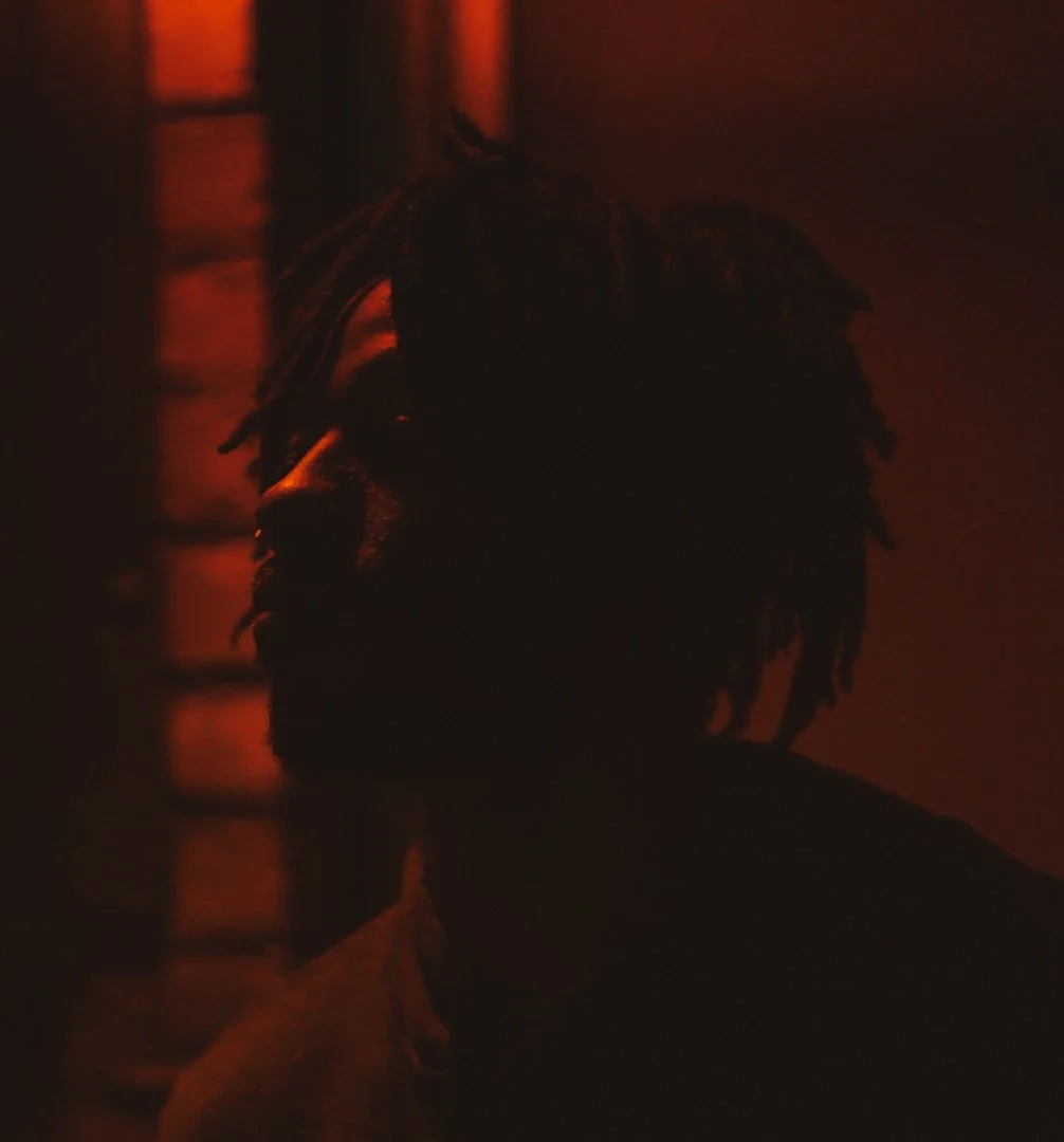 A dark, shadowy silhouette of a person's side profile against a dim red background with vertical lines.