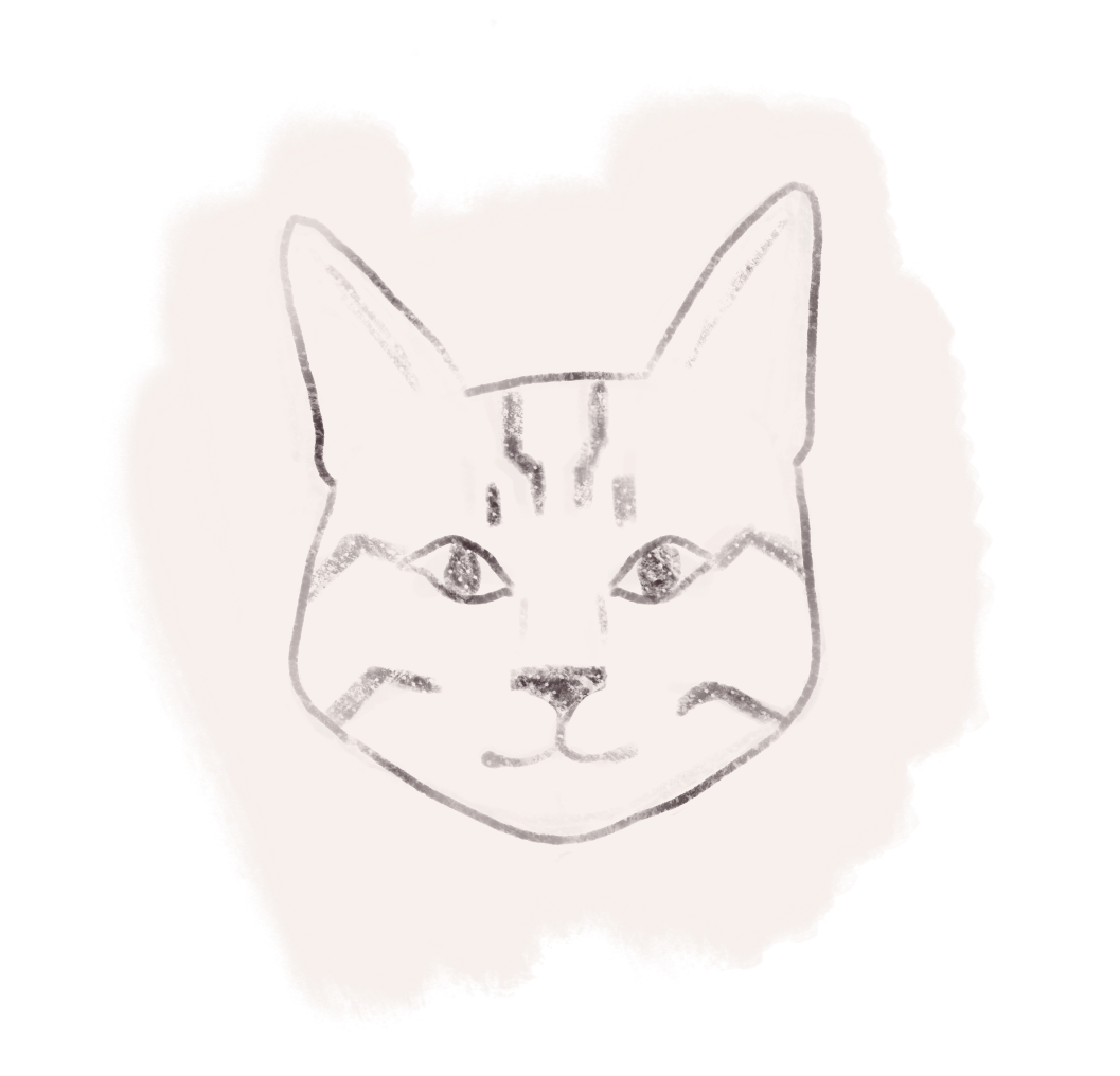 A pencil sketch of a cat's face with pointed ears, almond-shaped eyes, and facial markings, surrounded by a white, fluffy outline.