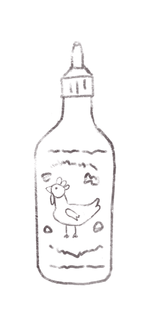 Hand-drawn bottle with a chicken decorated on the label.