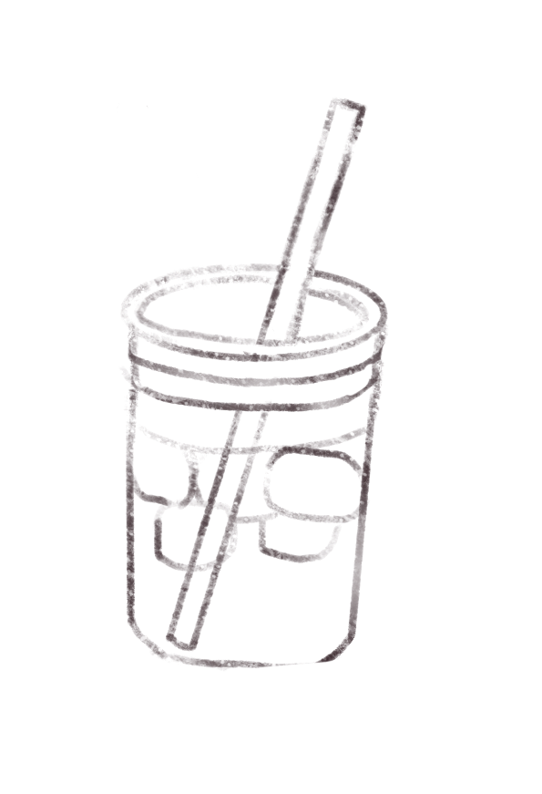 Line drawing of a glass with ice cubes and a straw.