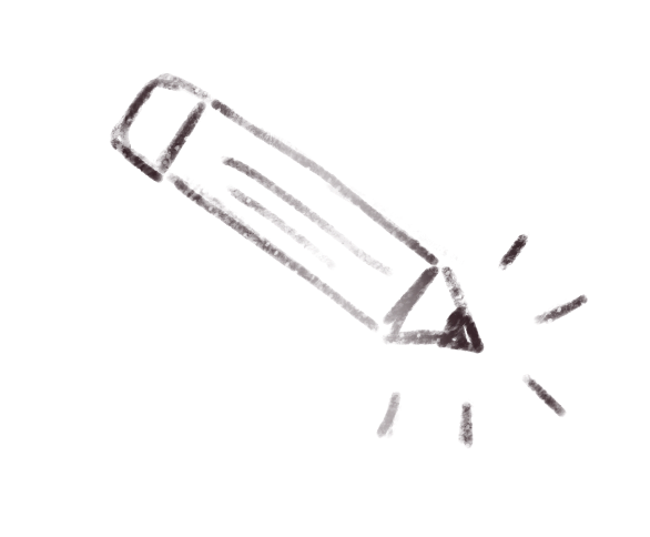 A hand-drawn sketch of a pencil with lines indicating it is writing or drawing, surrounded by small lines suggesting motion or emphasis.