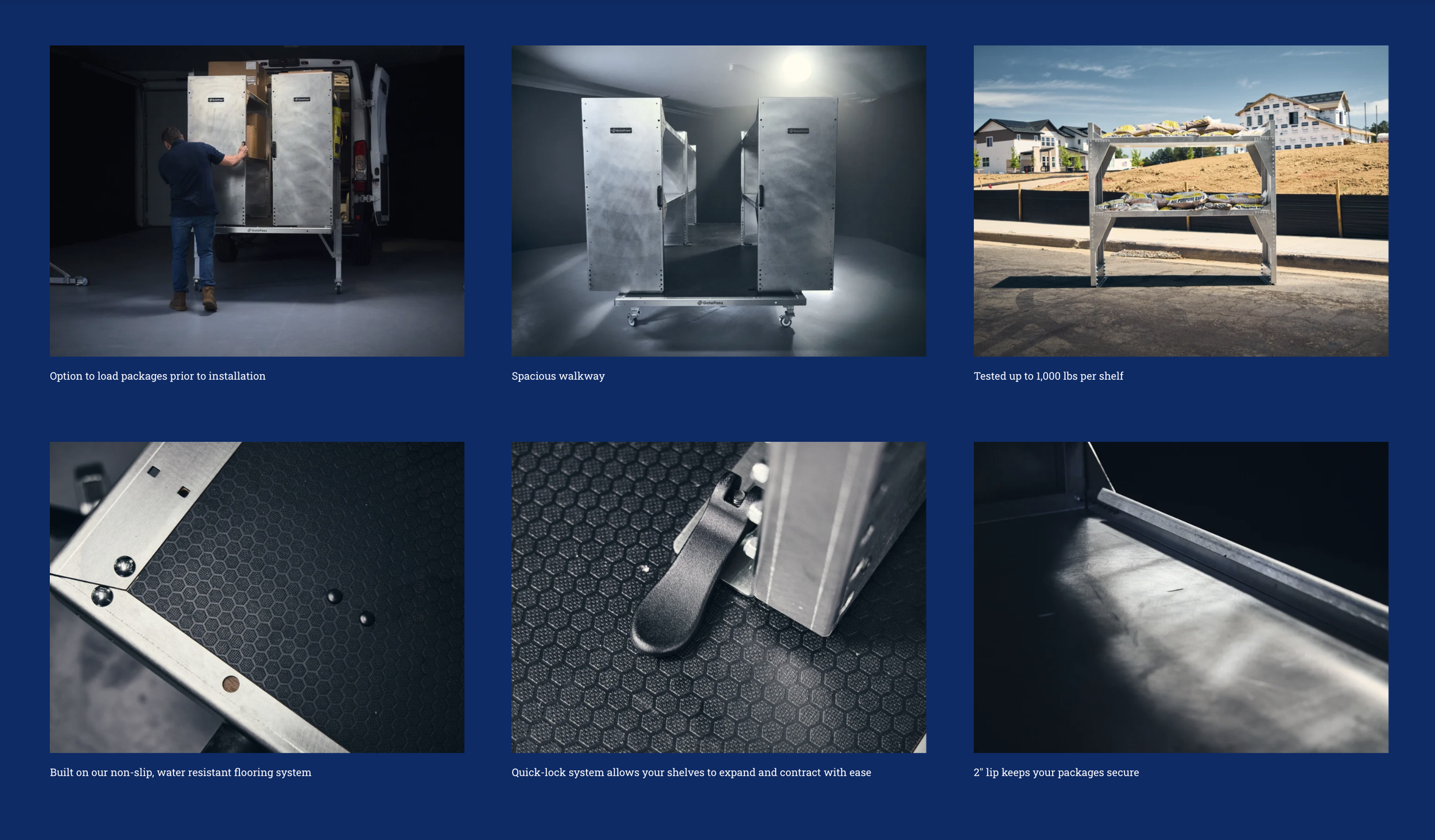A selection of 6 images showcasing the features of shelving units built for van upfitting.