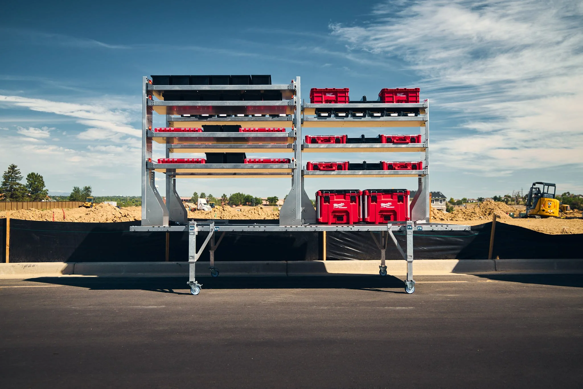 product photography of a metal shelving unit housing Milwaukee tools