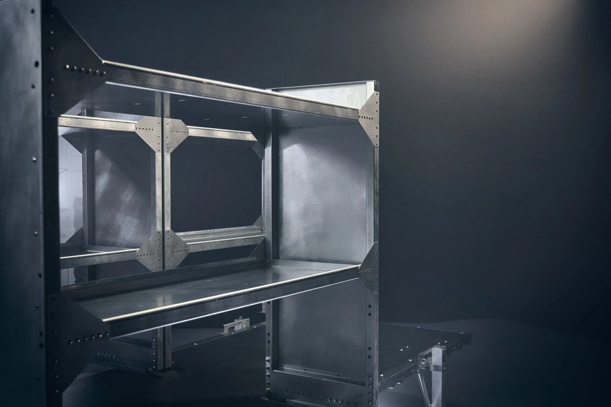 cinematic photo of metal shelves for vans