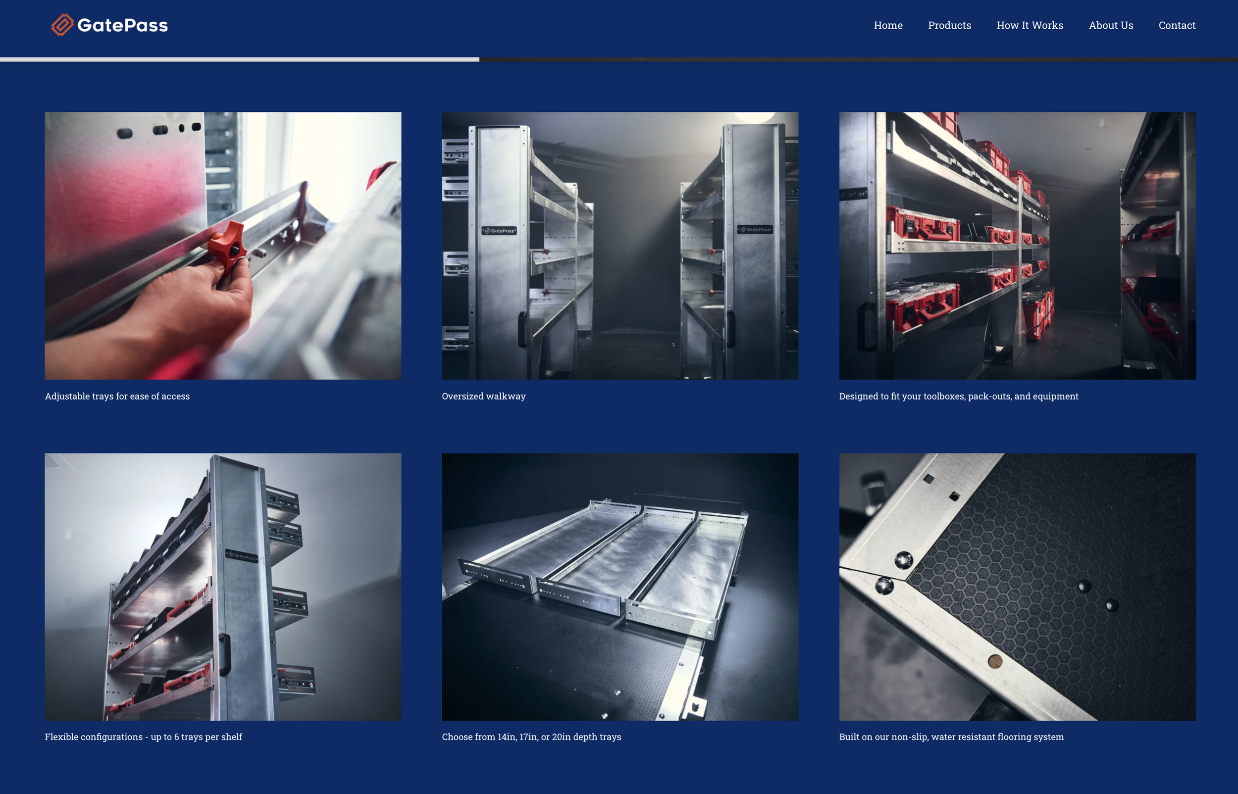 A selection of 6 images showcasing the features of shelving units built for vans