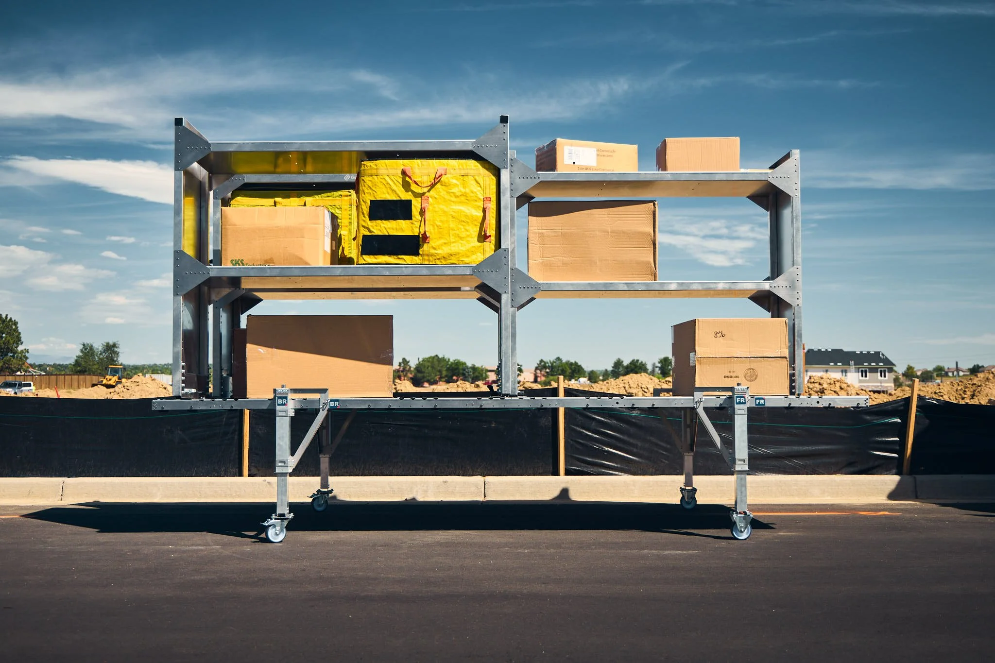 a clean product photo of metal shelves housing last mile logistic totes