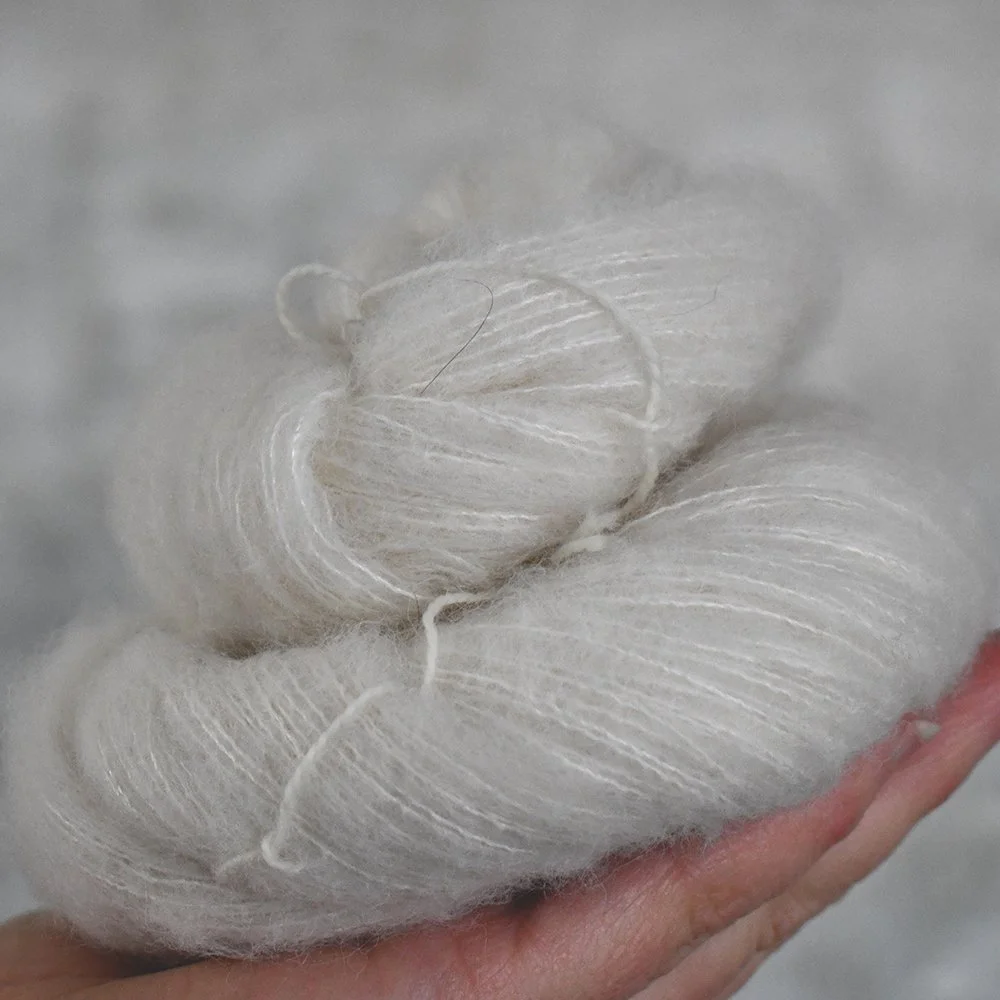 Undyed skein of Morel lace yarn