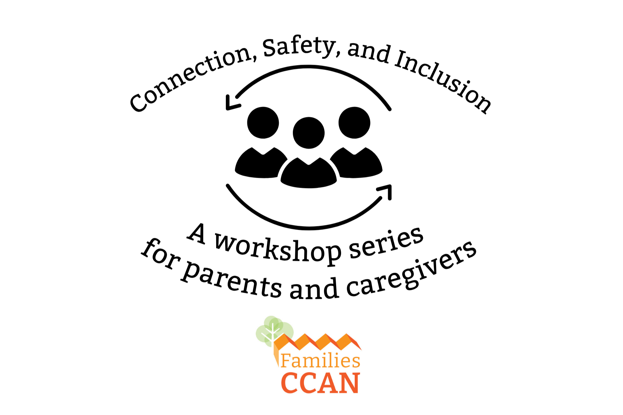 Logo with the words "Connection, Safety, and Inclusion: A workshop for Parents and Caregivers" around a graphic of three human figures and arrows forming an oval