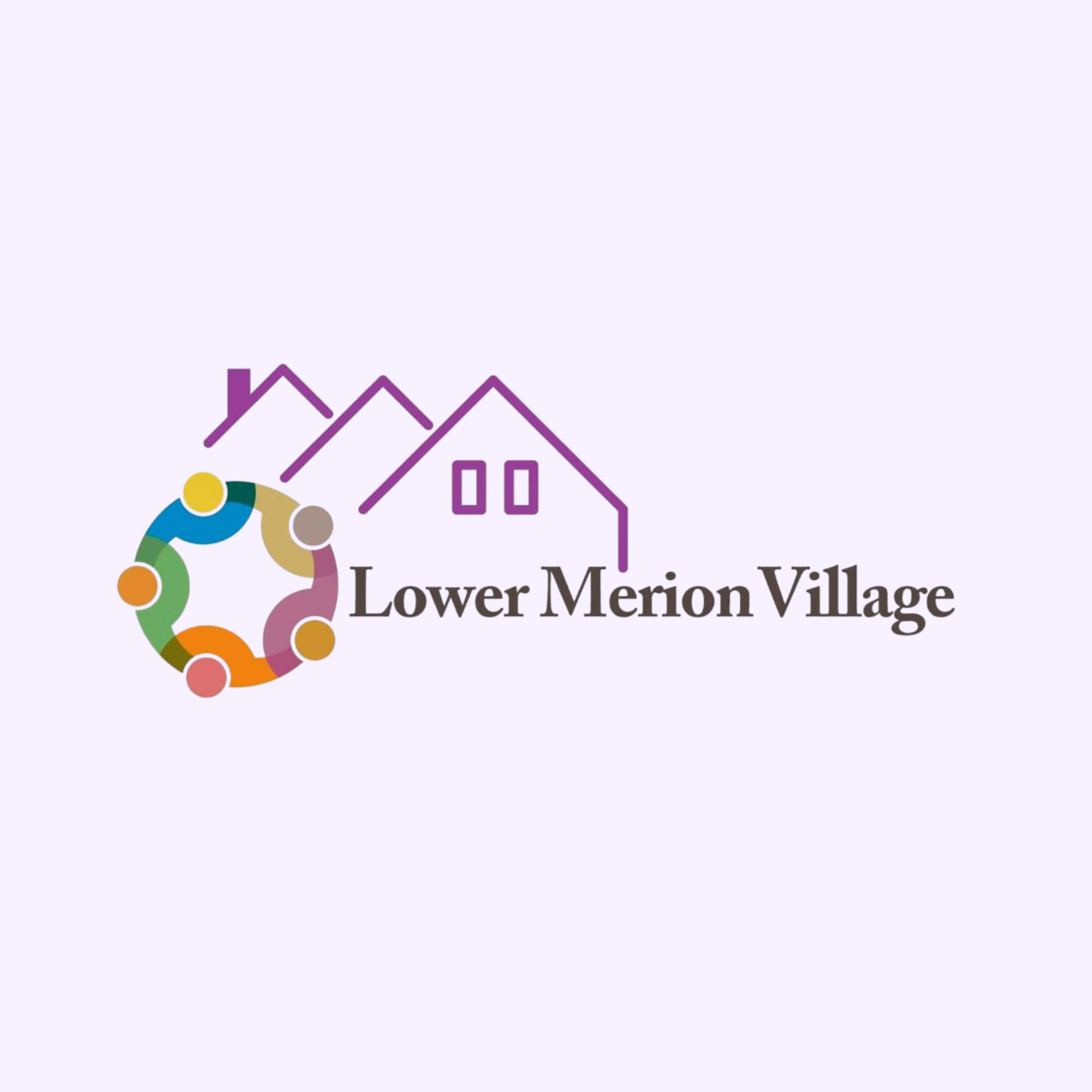Logo for Lower Merion Village, with a graphic of stylized houses and a group of people linking arms in various colors