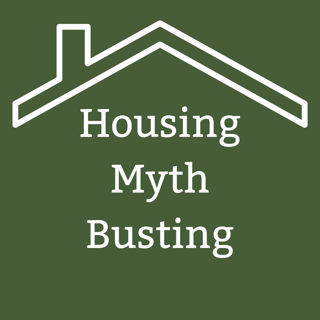 Logo for the housing myth busting project, with a stylized white rooftop over the words "Housing Myth Busting" on a green background