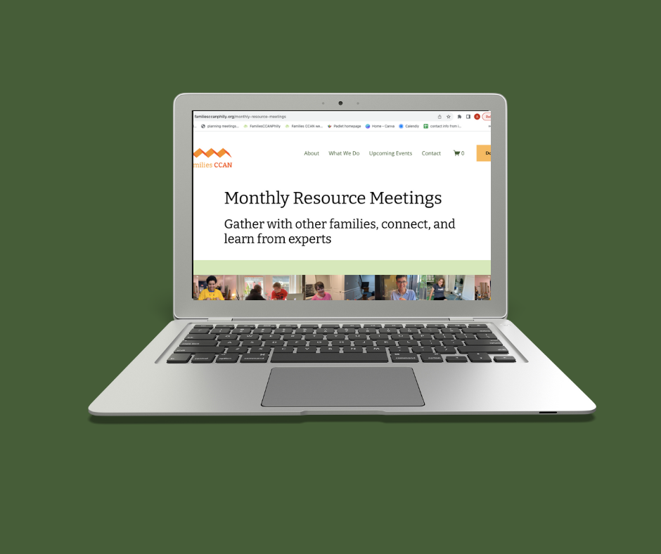 Photo of an open silver laptop with the Families CCAN Monthly Resource Meeting web page up on the screen