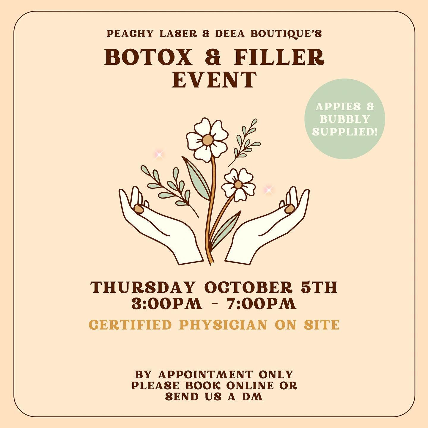 Our doctor will be in studio from 3pm - 7pm on Thursday October 5th! Make sure to book your spot now before appointments fill up ✨

Send us a dm with any questions / inquiries! 🤍

WWW.PEACHYLASERLOUNGE.COM

#botoxandfiller #botox #peachylaserlounge 