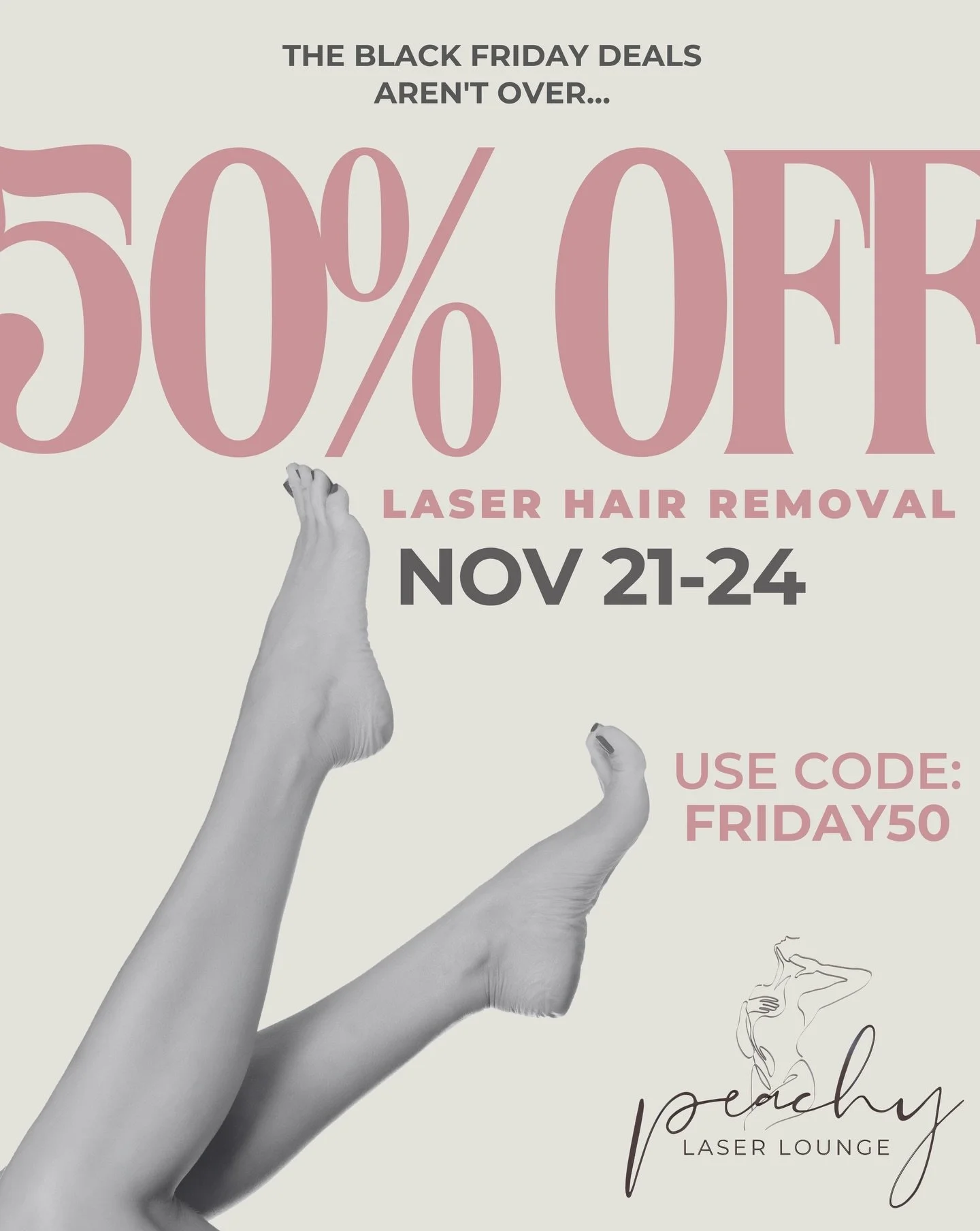 Oh you thought we were done? Nope 😌
50% OFF ALL Laser Hair Removal Packages from November 21-24 🖤💥

Use code FRIDAY50

RUN!