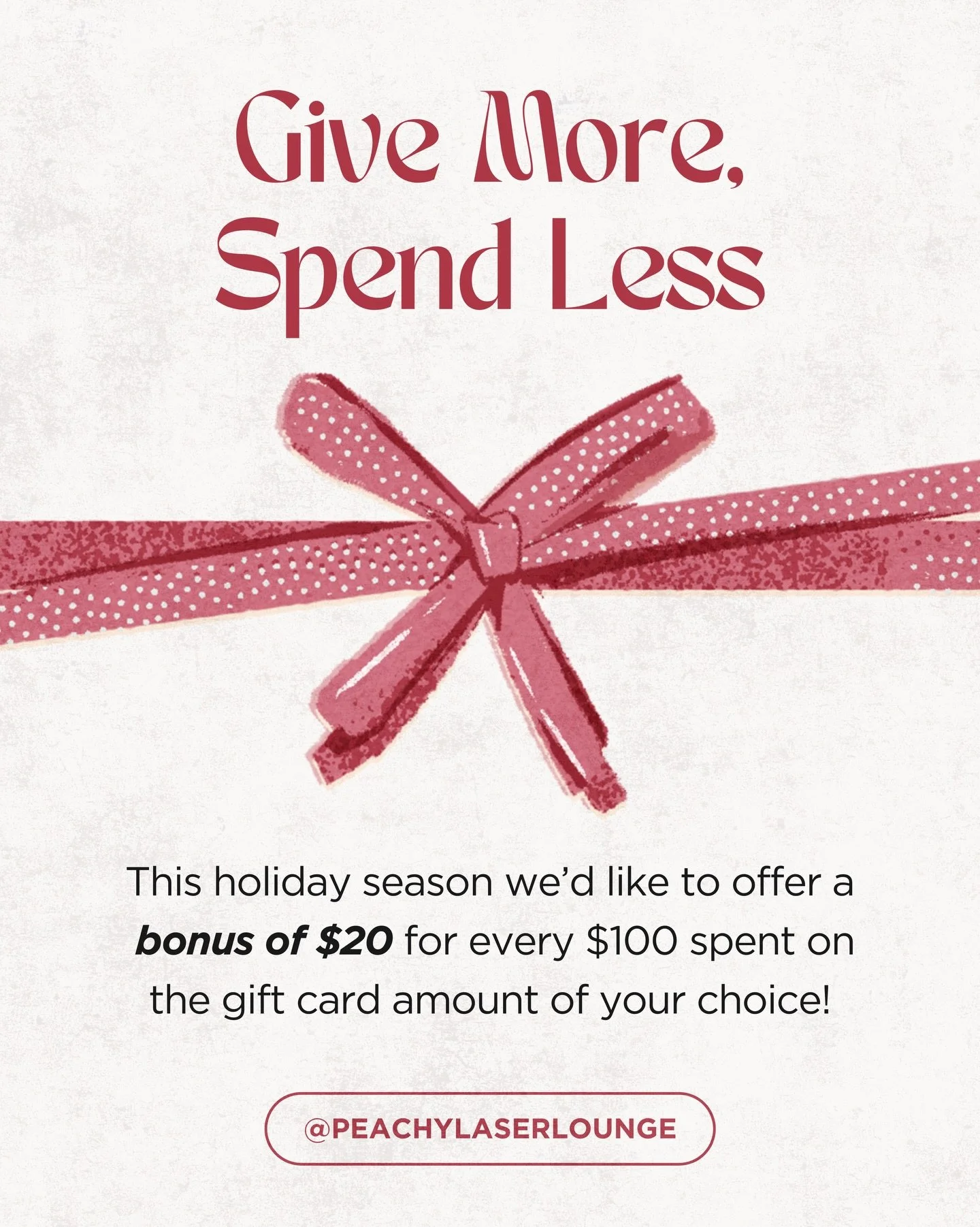 🎁 Holiday math you&rsquo;ll actually love:
Spend $100 &rarr; Get $120
Spend $500 &rarr; Get $600
Give more, spend less 💸
The perfect way to treat someone special (or yourself). 🎀💗

Send us a DM to purchase your gift card!