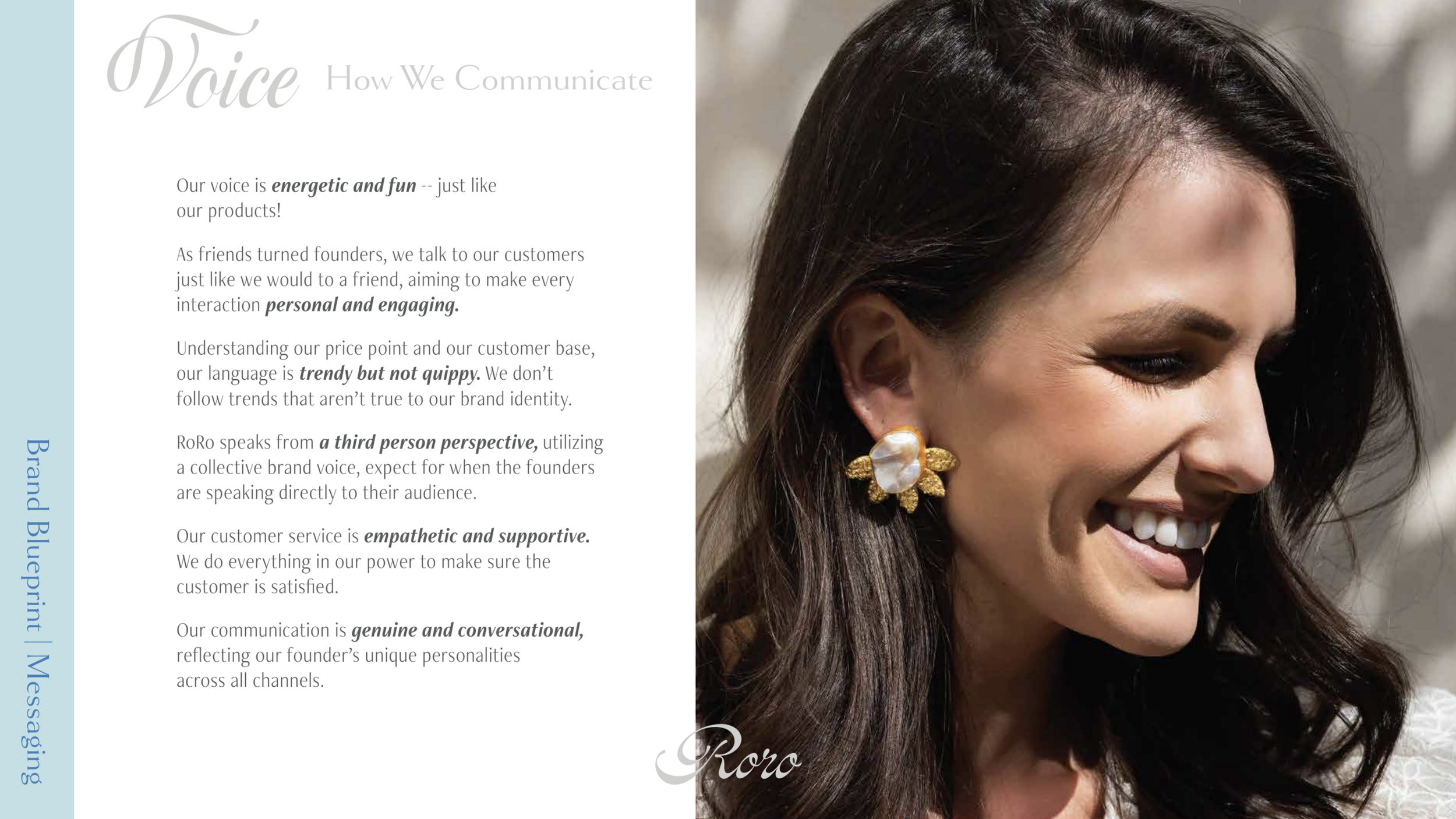 RoRo Brand Voice next to profile picture of Amanda with large gold earrings on