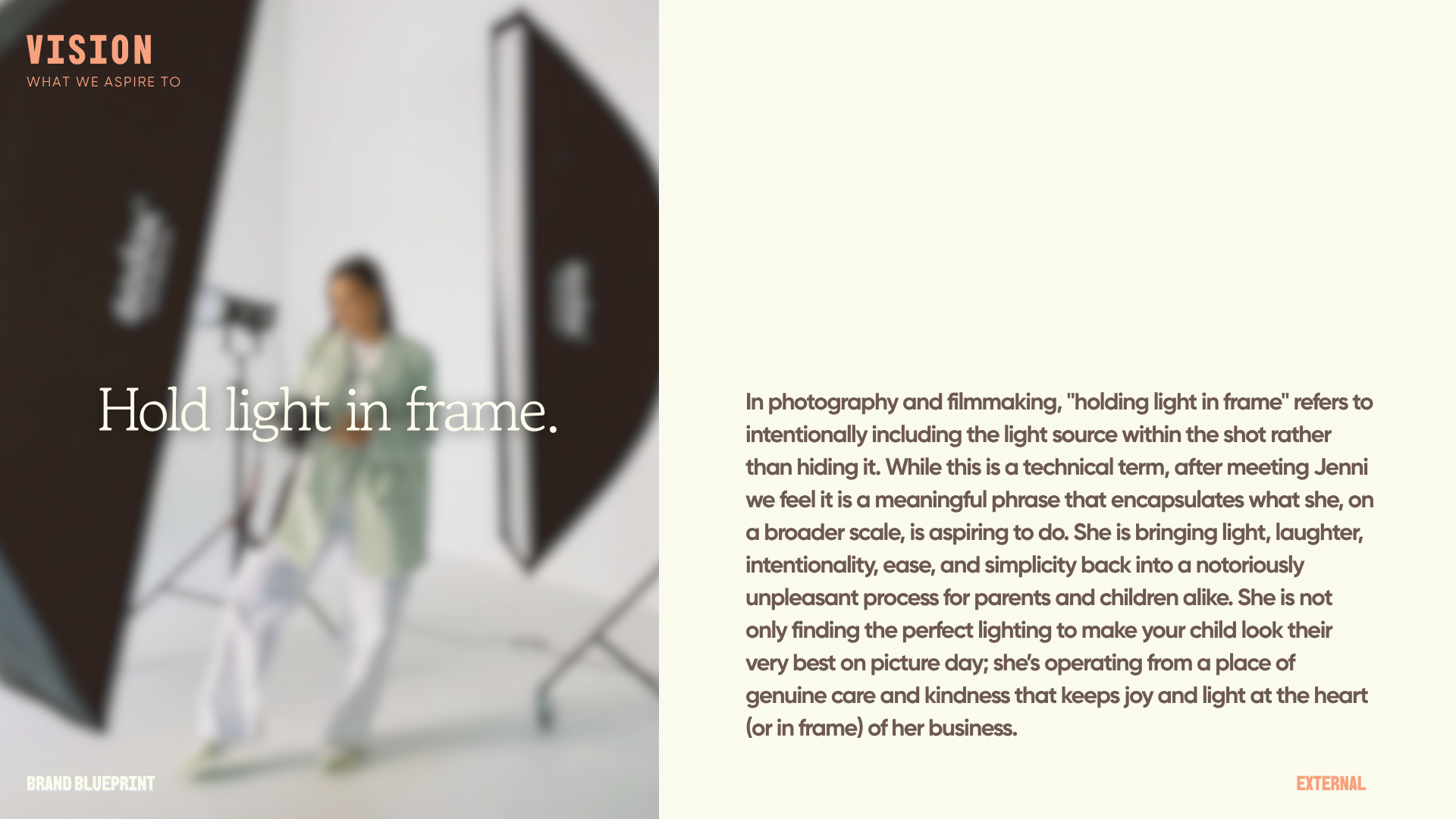 A blurred photo of a person standing in a photography studio, with large light reflector, alongside text about holding light in frame in photography and filmmaking, and branding information.