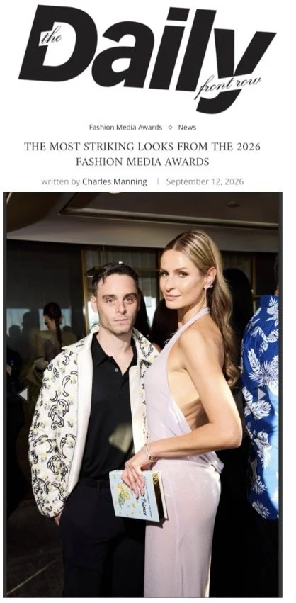 Cover of The Daily newspaper with headline about 2026 fashion media awards, featuring a man and woman posing at an event.