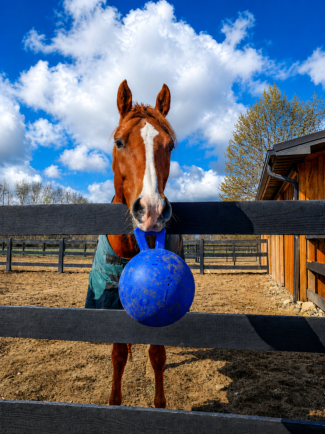 Playful sorrel red horse posing for the camera with a horse toy in his mouth