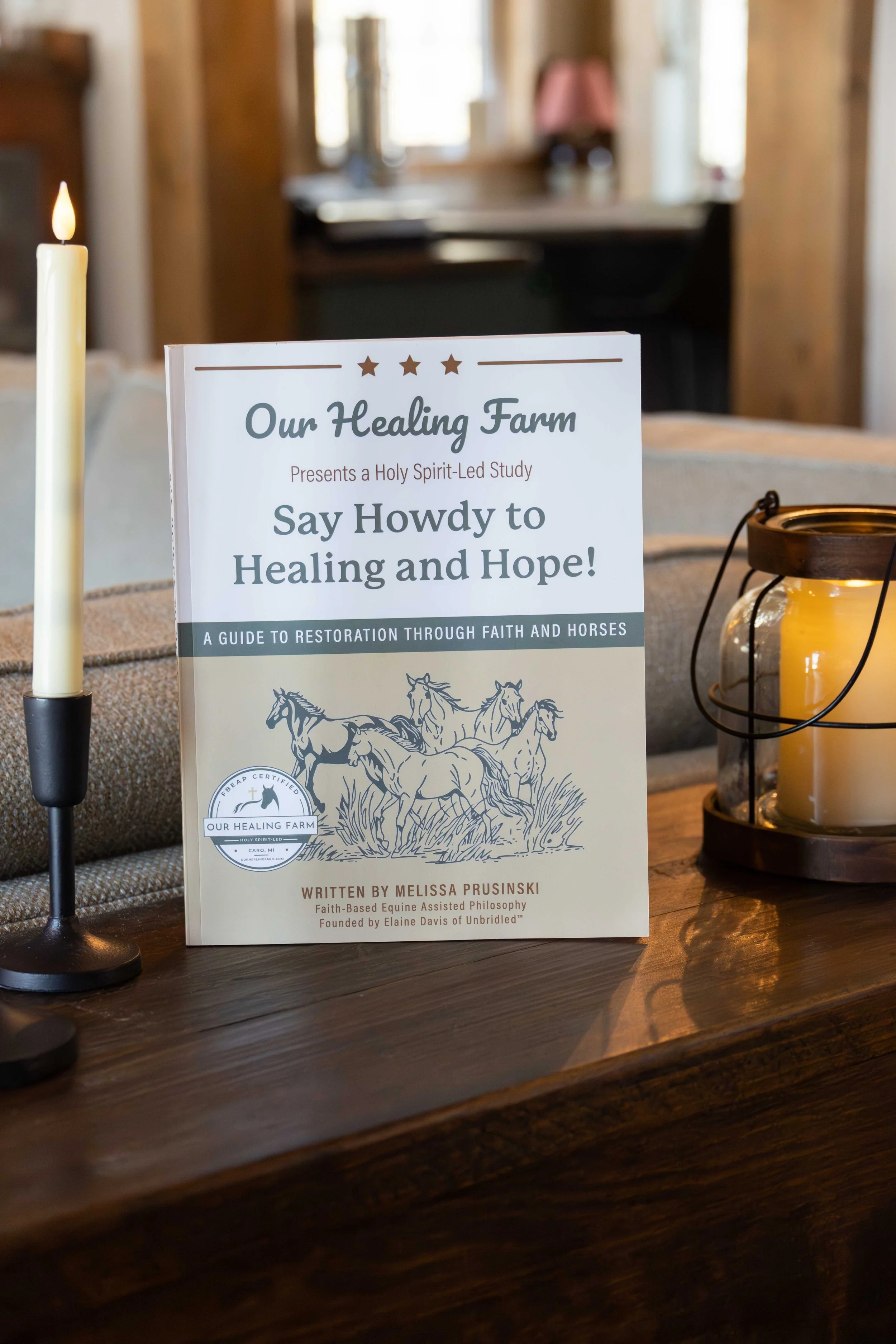 Picture of the cover of Say Howdy to Healing and Hope with candles surrounding it