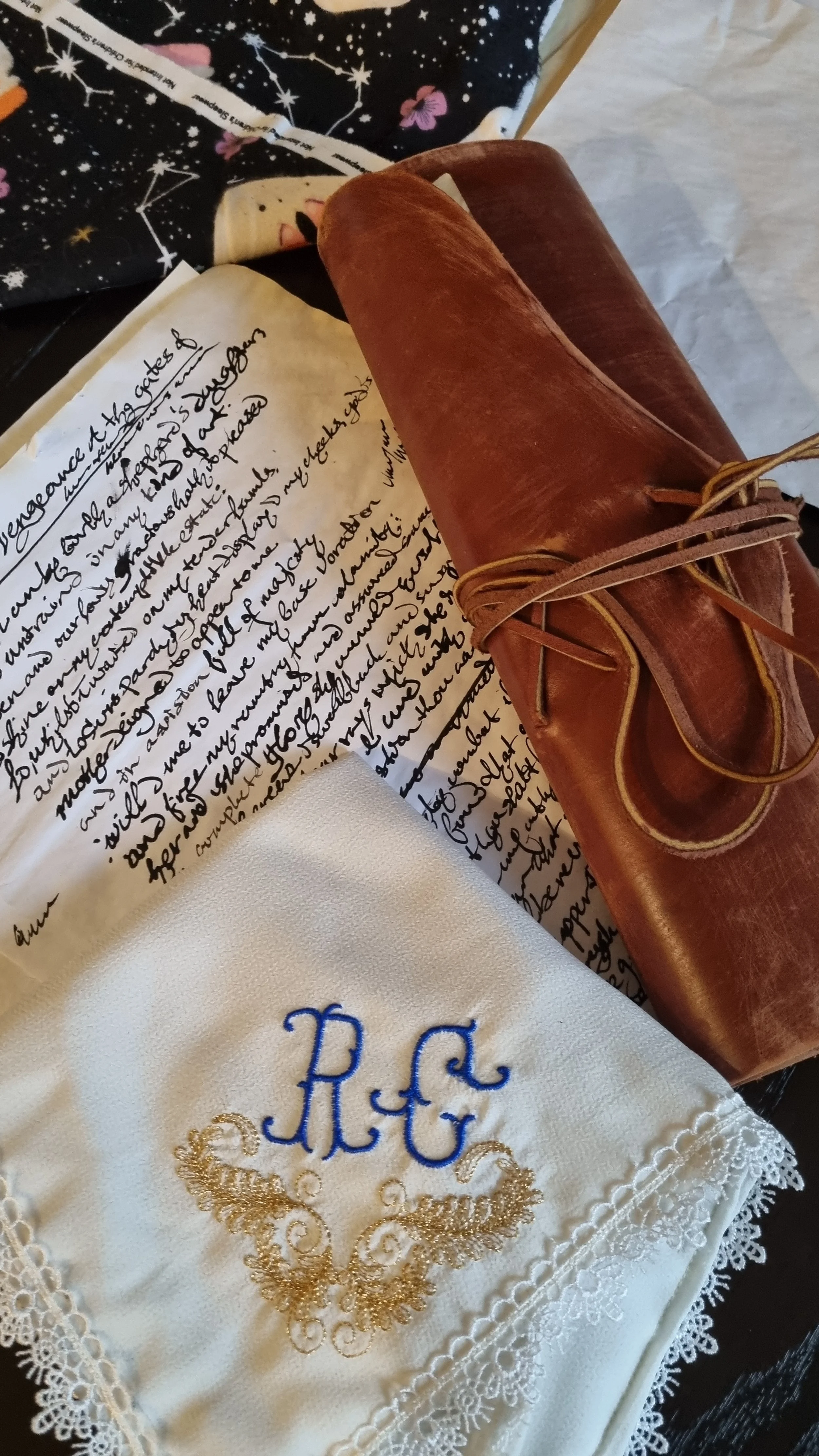 Born with Teeth - Oklahoma Shakespeare in the Park 2023
(Hand writing replication, embroidery, leather work & aging)