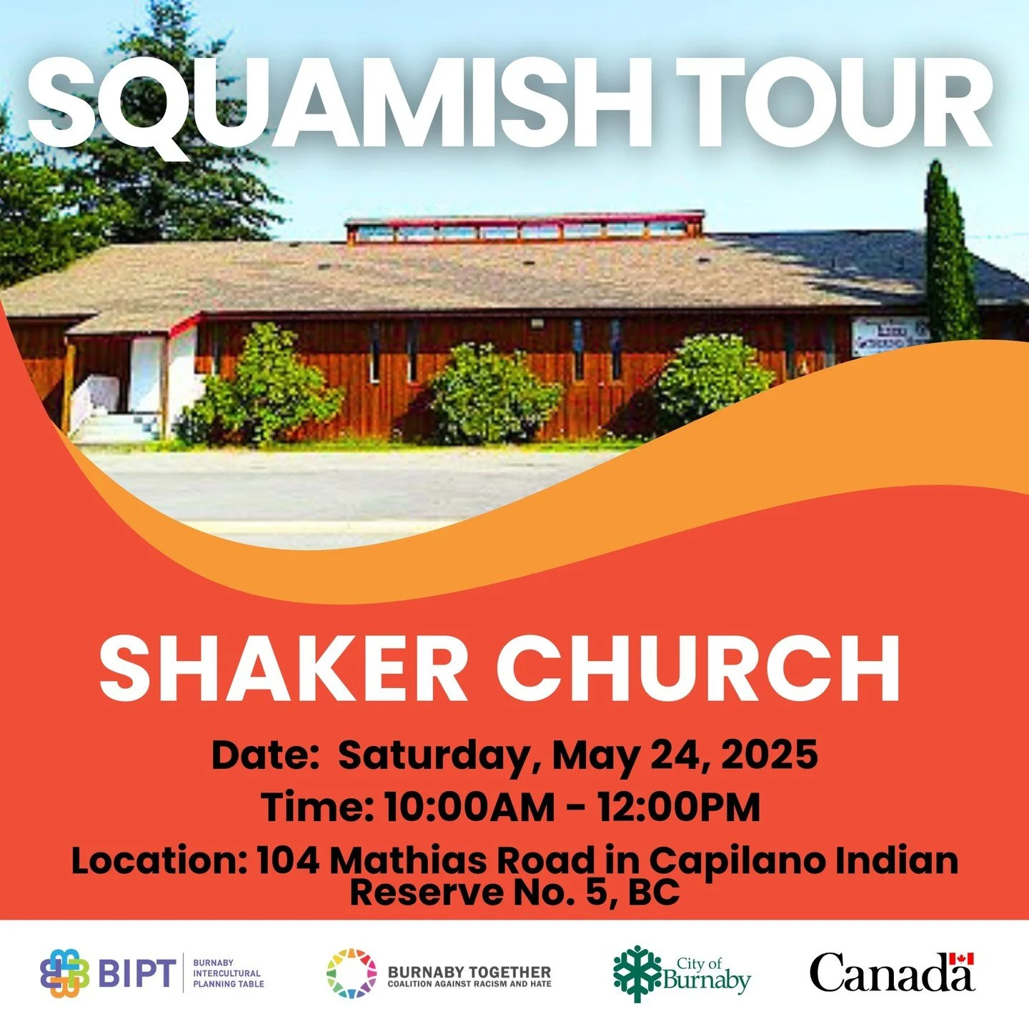 ✨ Free Squamish Tour: Shaker Church ✨ 

🤩 Come explore the Shaker Church &amp; dive into spirituality &mdash; a powerful blend of Squamish traditions &amp; Christian beliefs!

📅 Sat, May 24, 2025
⏰ 10:00AM &ndash; 12:00PM
📍104 Mathias Rd, Capilano