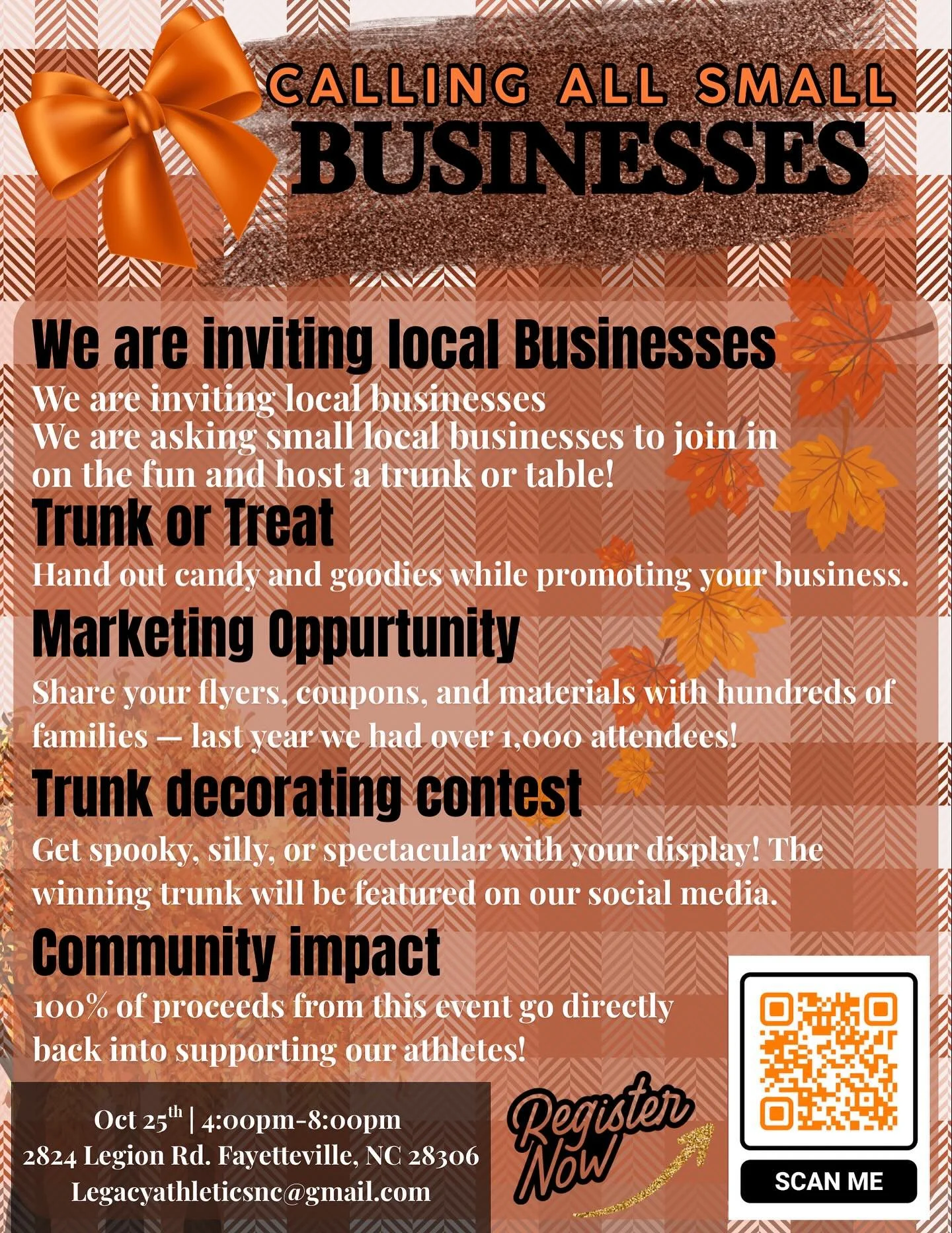 Legacy Athletics NC is thrilled to invite small businesses and local vendors to be a part of our annual Spooktacular Trunk or Treat a fun-filled community event that brings families together for a night of treats, creativity, and connection! π¬β¨ SCAN