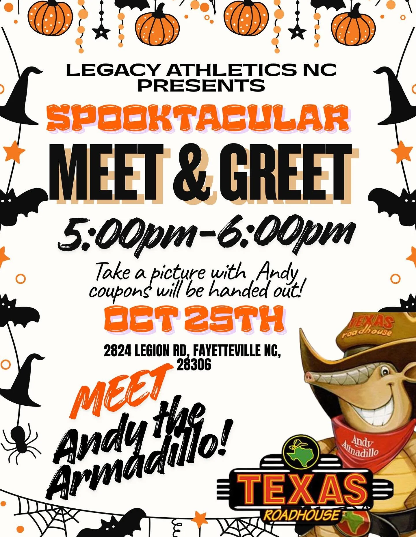 Come meet Andy the Armadillo and join us for our annual Spooktacular! π»
A night full of fun, games, prizes, free trunk-or-treat, a haunted house, and so much more!
Bring your friends, wear your best costume (we have a contest!), and get ready for a