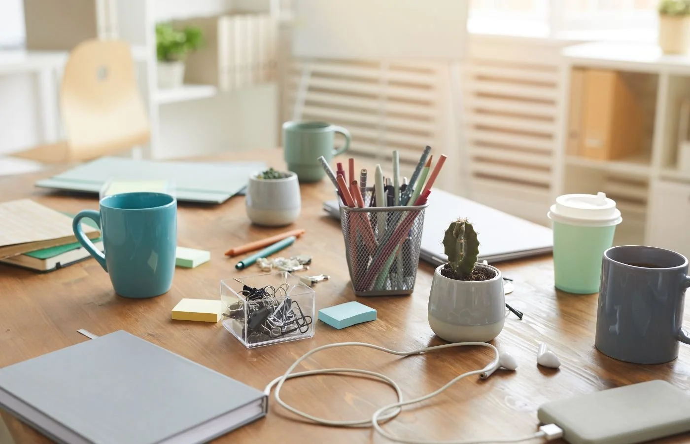 Organized desk setup with supplies.