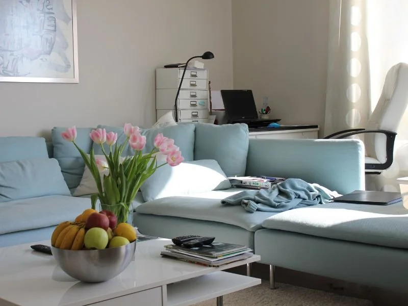Den with Aqua Blue Couch and Flowers
