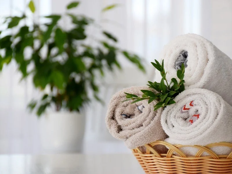 Basket with rolled towels and greenery.