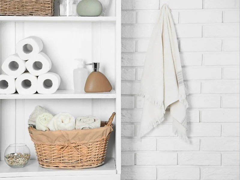 Organized bathroom essentials with minimalist decor.