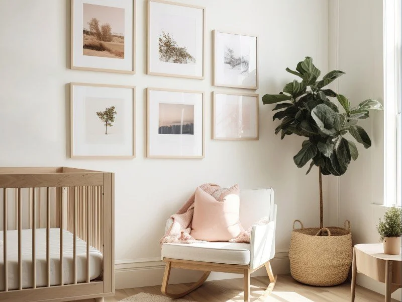 Minimalist nursery with framed wall art.