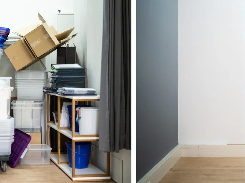 Shelving unit with household essentials stored.