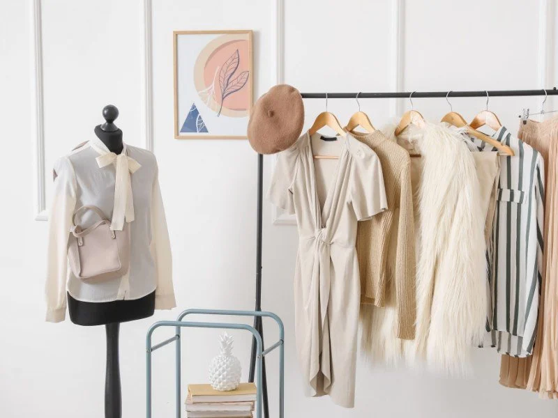 Elegant clothing displayed on a rack and mannequin. (Copy) (Copy)