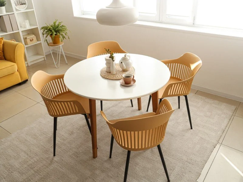 Cozy dining, minimalist seating style.