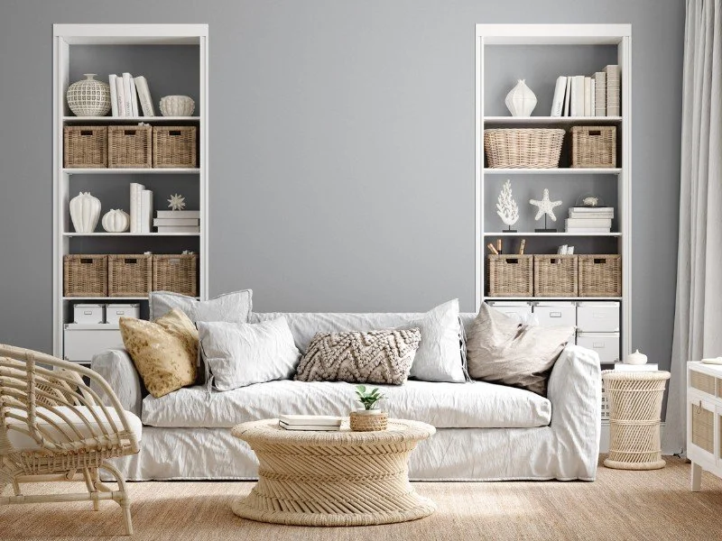 Organized shelves, inviting living space.