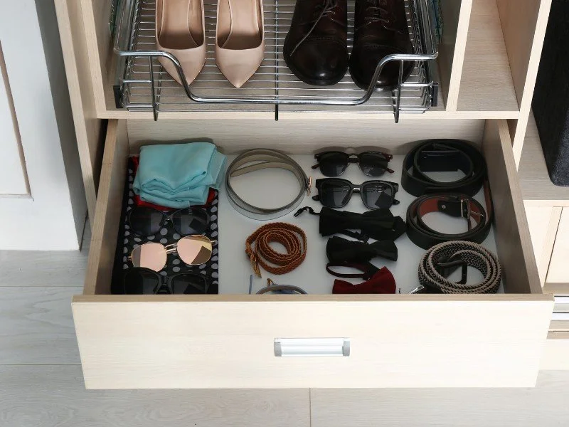 Organized drawer with accessories neatly arranged.