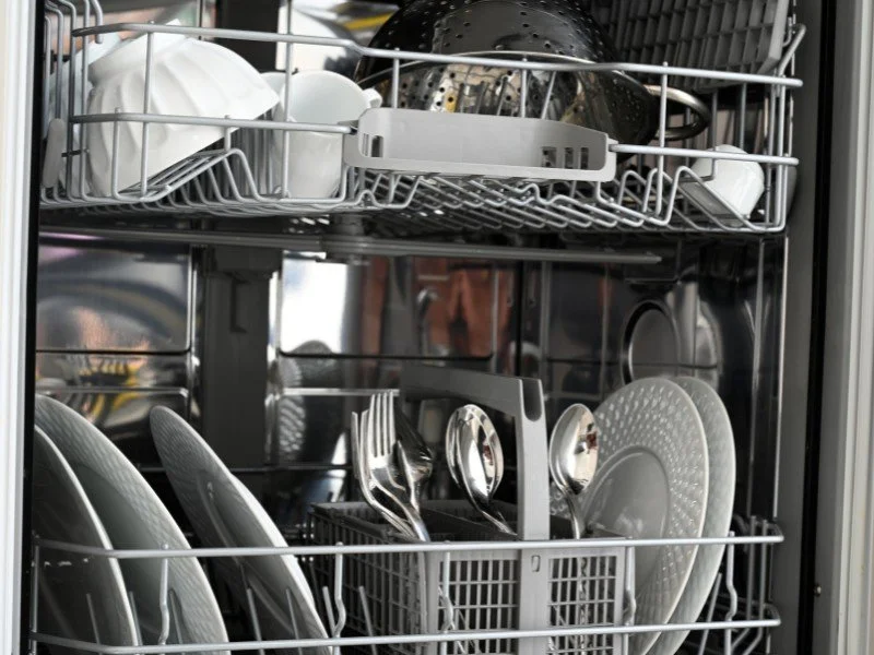 Sparkling dishes, organized dishwasher success.