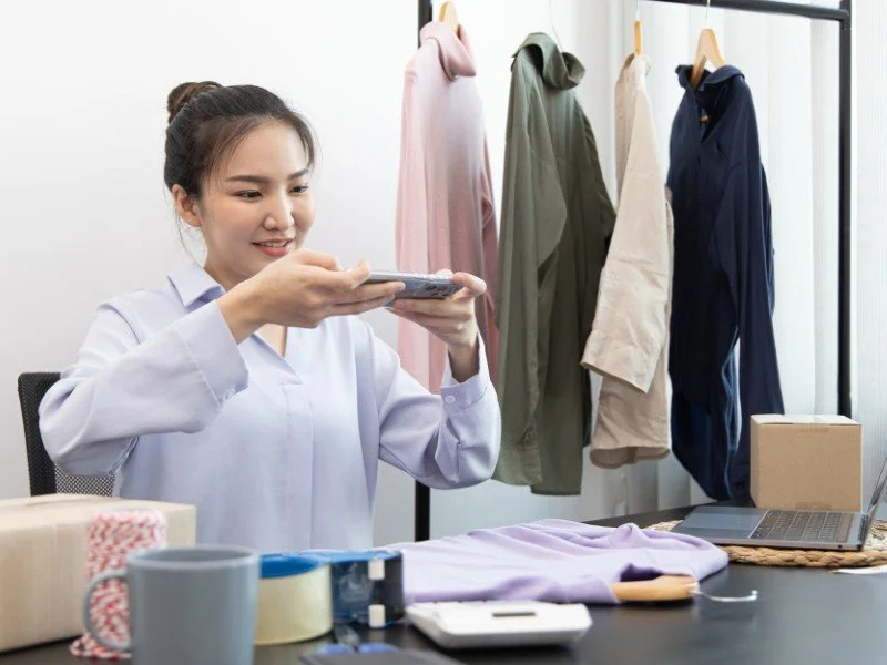 Photographing clothing for online selling.