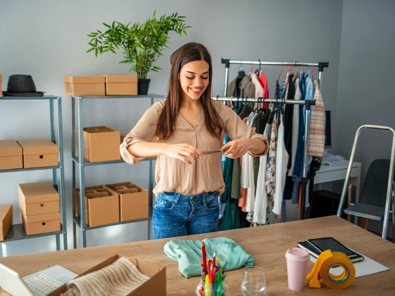Packing neatly folded items for shipping.
