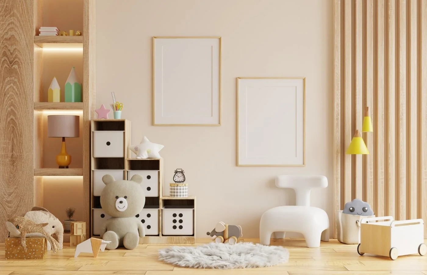 Cohesive Home Decor Minimalist children's playroom with toys