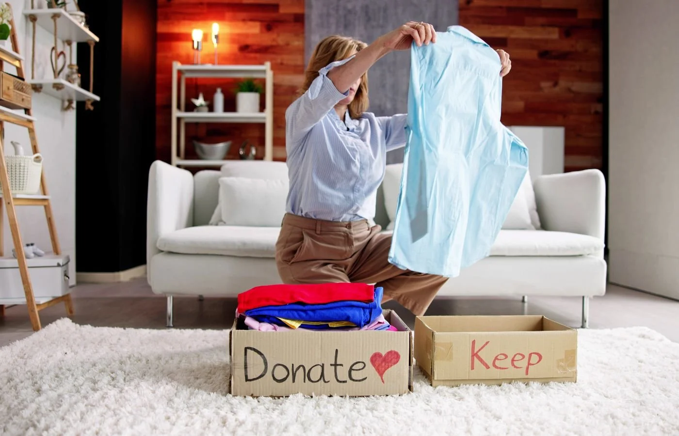 Sorting clothes: Donate or Keep decluttering mindset