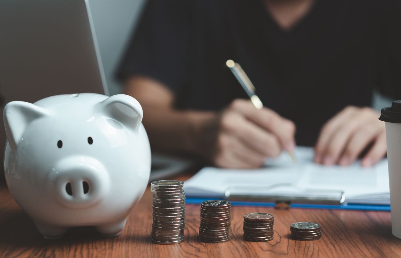 Coins, piggy bank, saving money.