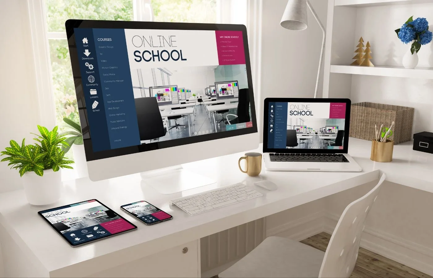 Minimalist workspace with online school.